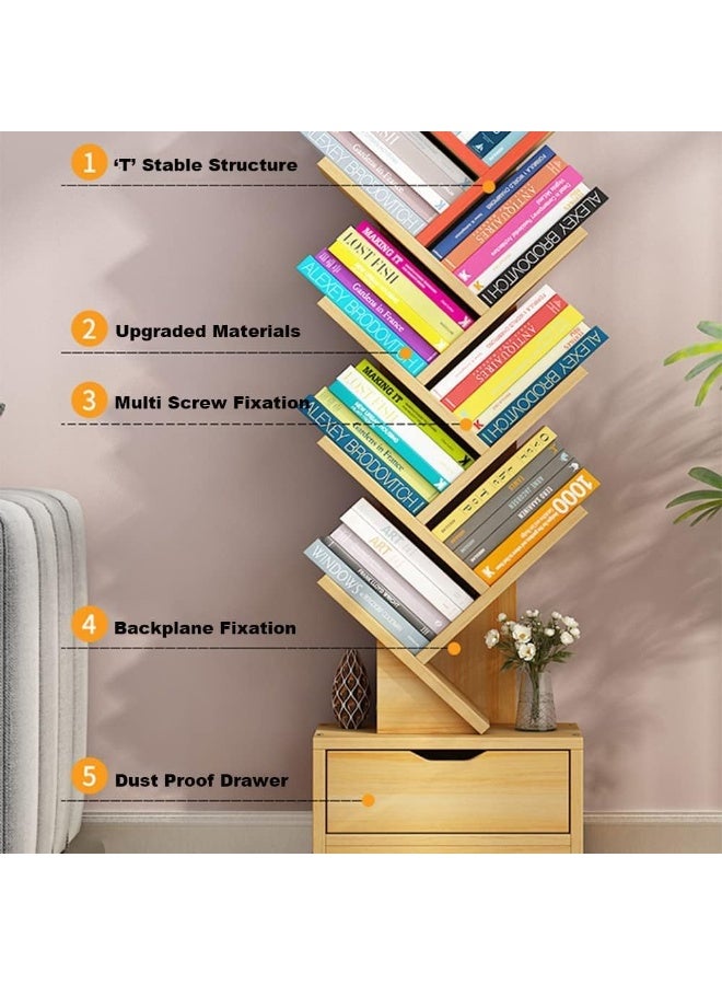 We mart 10 Tier Tree Bookshelf, 10 Shelf Bookcase with Drawer, Modern Book Storage, Free Standing Tree Bookcase, Utility Organizer Shelves for Home Office, Living Room, Bedroom, Rustic Brown - Image 2